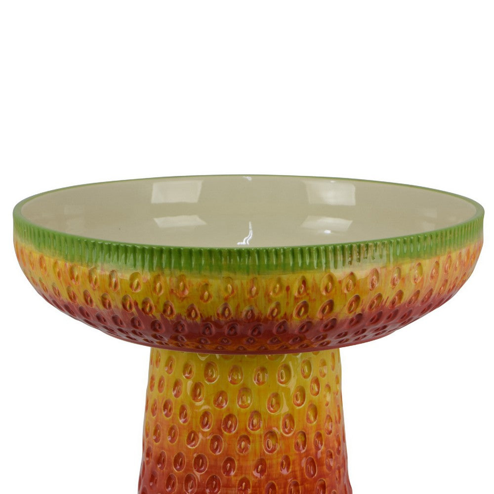 19" Bird Bath | Multicolor Ceramic | Strawberry Pedestal Garden Bowl