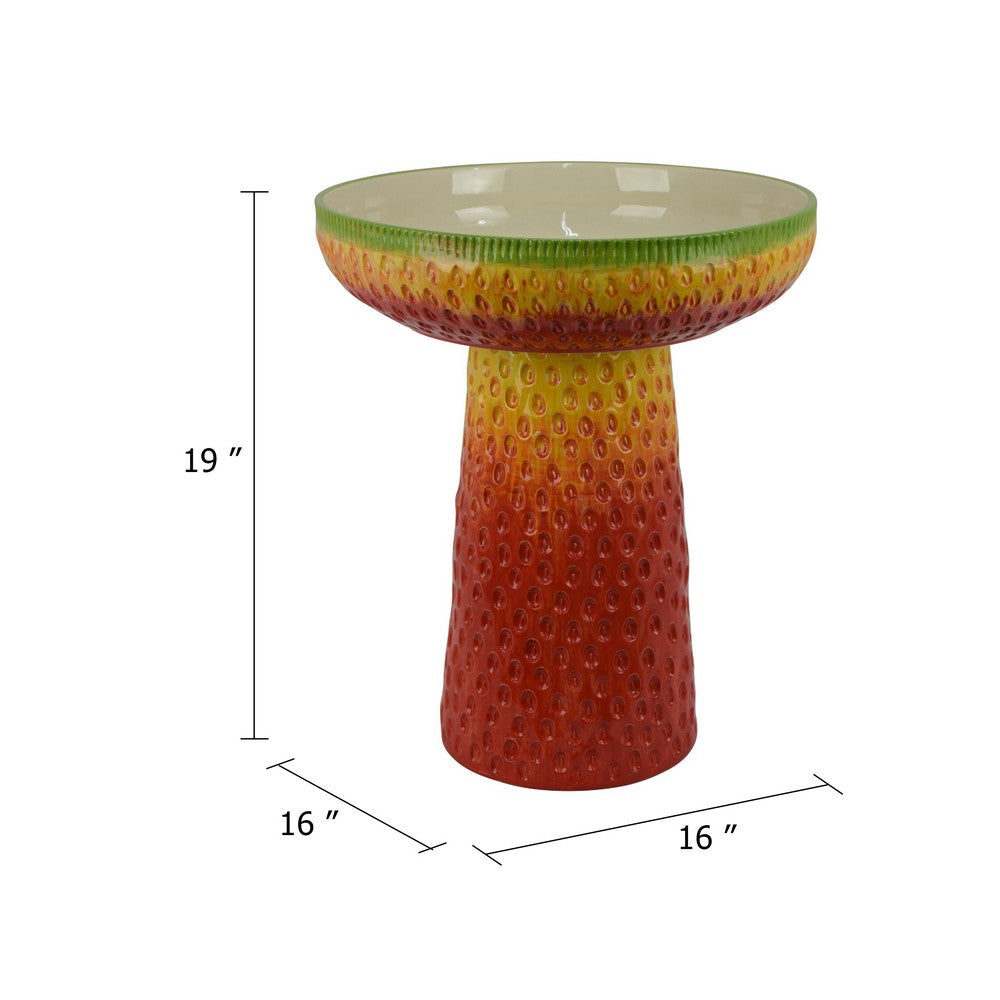 19" Bird Bath | Multicolor Ceramic | Strawberry Pedestal Garden Bowl