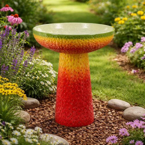 19" Bird Bath | Multicolor Ceramic | Strawberry Pedestal Garden Bowl
