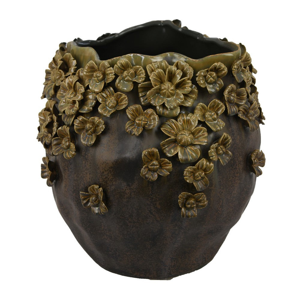 Siya Decorative Vase | Brown Ceramic | Rustic Round Floral Design | 13"