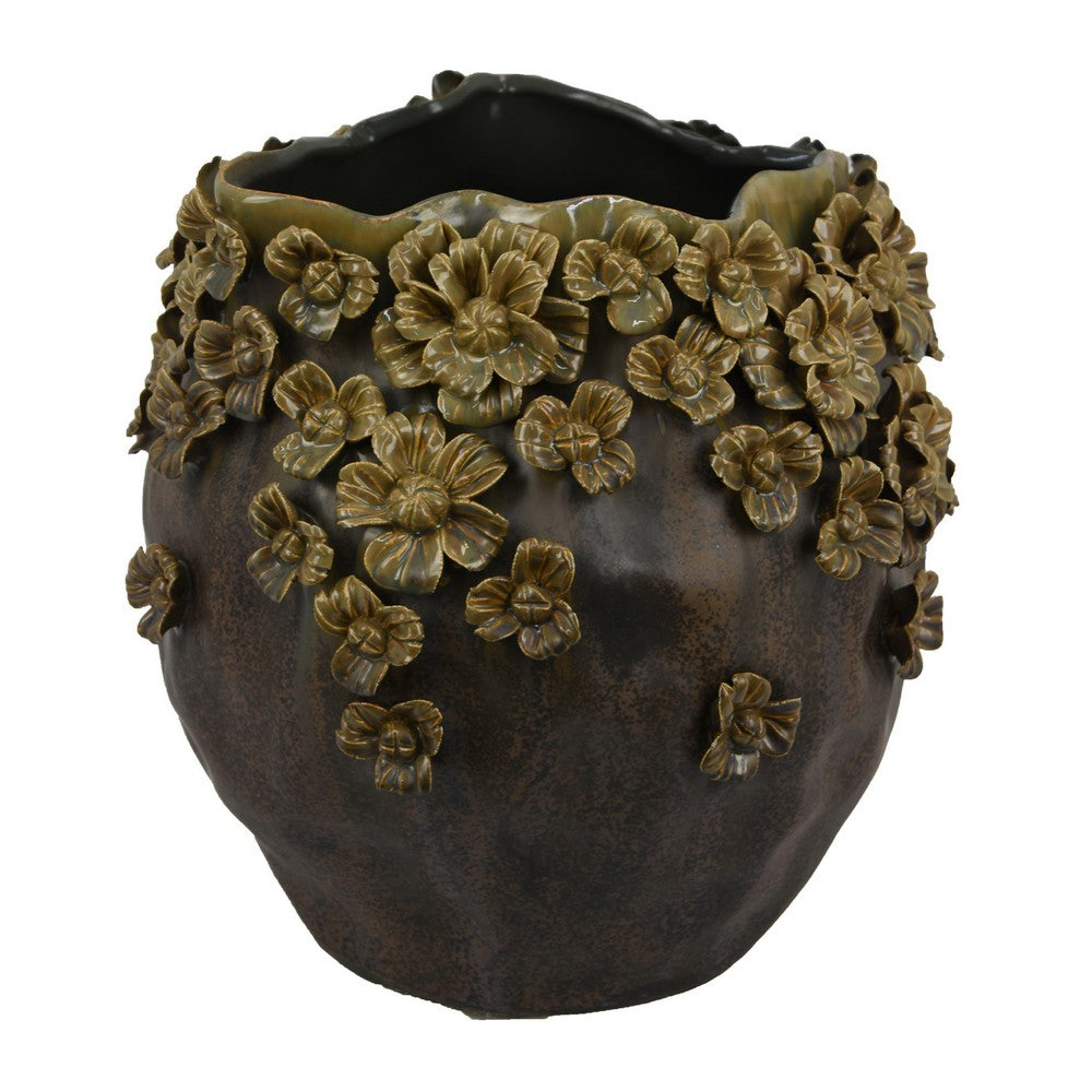 Siya Decorative Vase | Brown Ceramic | Rustic Round Floral Design | 13"