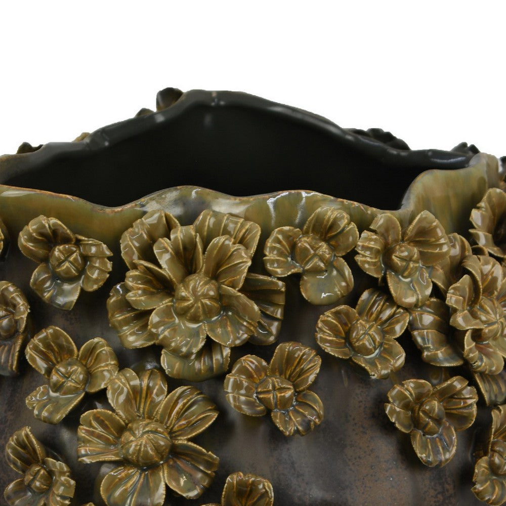 Siya Decorative Vase | Brown Ceramic | Rustic Round Floral Design | 13"