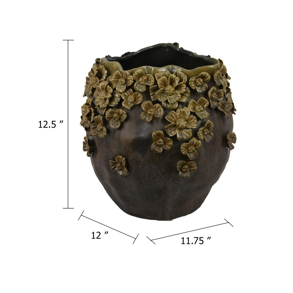 Siya Decorative Vase | Brown Ceramic | Rustic Round Floral Design | 13"