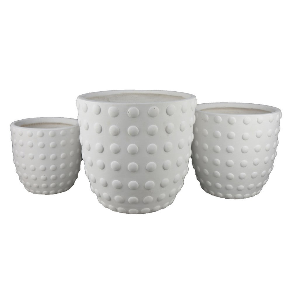 Planter Set of 3 | White Resin | Smooth Round Dotted Texture | 15 12 10"