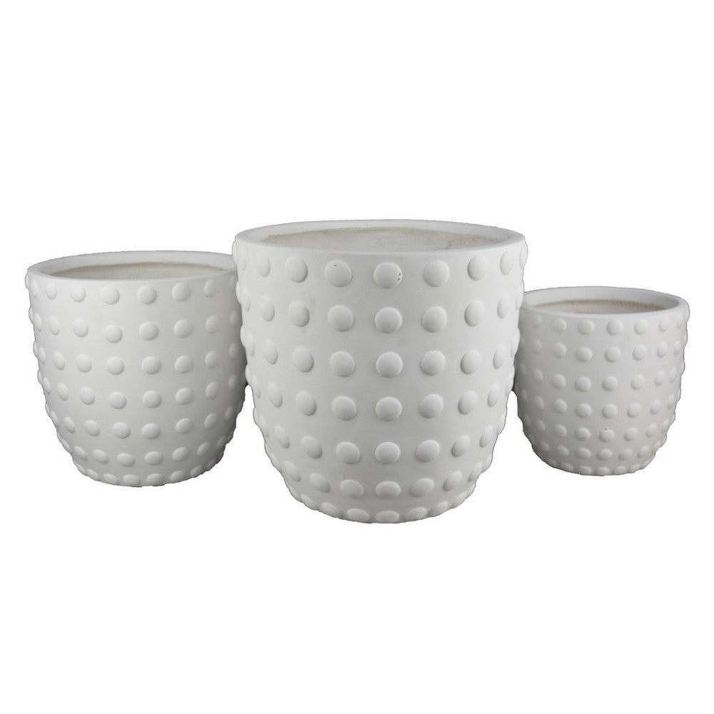 Planter Set of 3 | White Resin | Smooth Round Dotted Texture | 15 12 10"