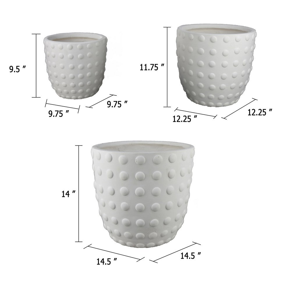 Planter Set of 3 | White Resin | Smooth Round Dotted Texture | 15 12 10"