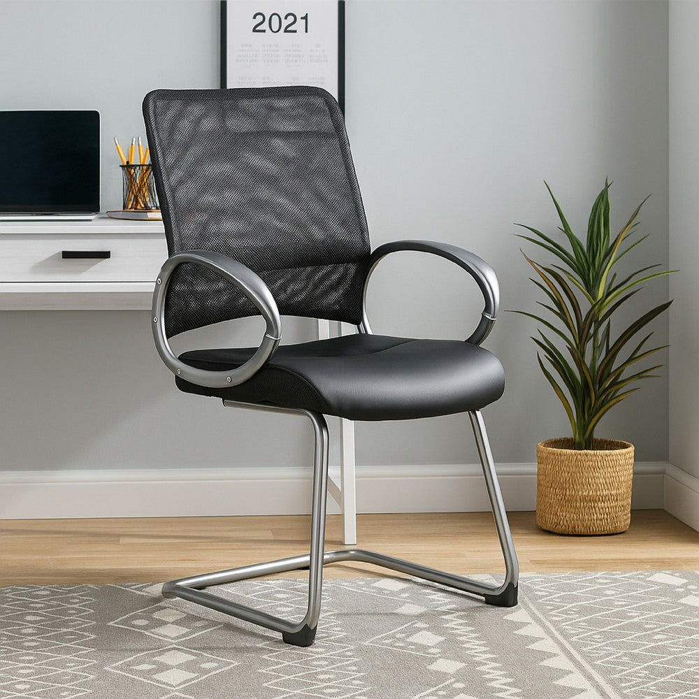 Toi Guest Armchair | Black Mesh | Faux Leather | Pewter Cantilever Base