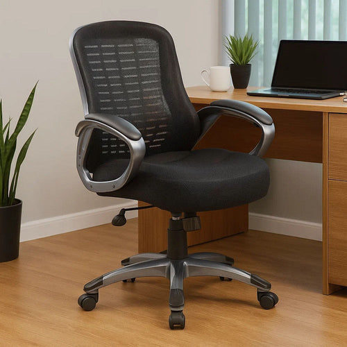 Rolling High Back Office Chair | Black Mesh & Vinyl | Lumbar Support BM344453