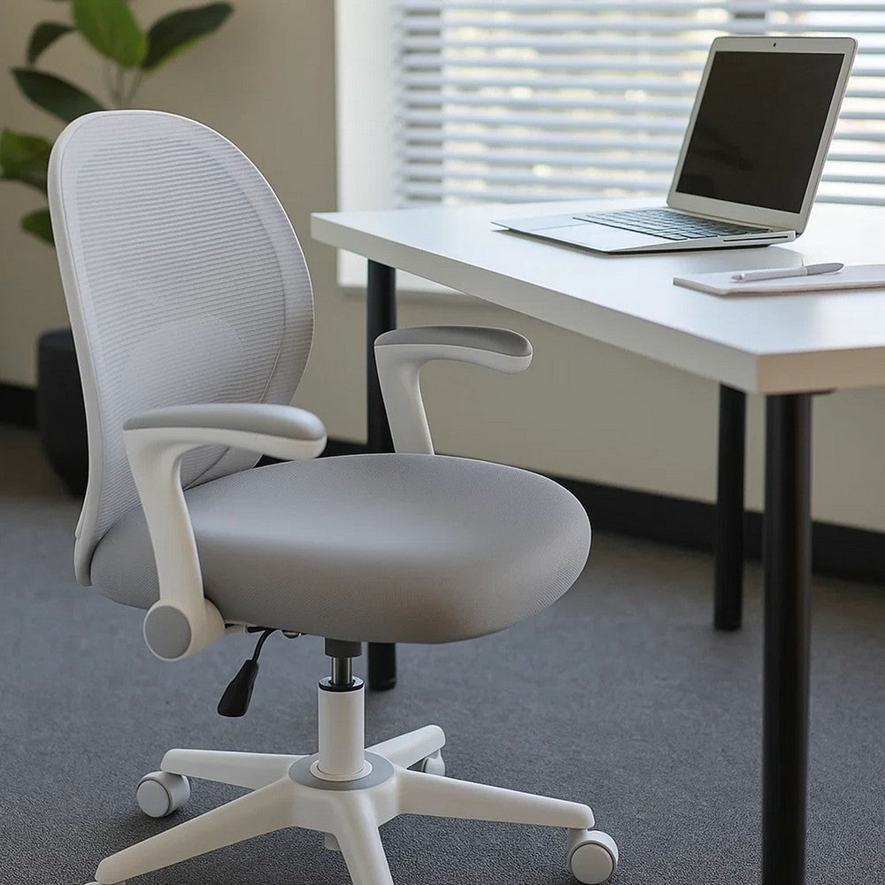 Rolling Task Chair w Flip Arms | Grey Mesh | Fabric Seat | White BM344454