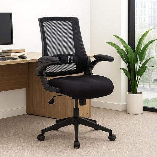 Rolling Task Chair w Flip Arms | Black Mesh | Spring Tilt Mechanism BM344455