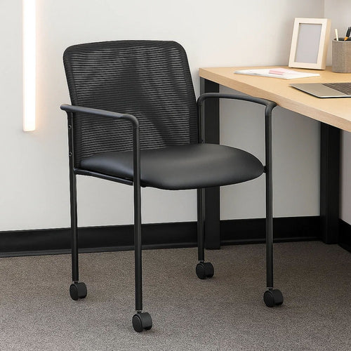 Vayu Stackable Guest Chair w Caster Wheels | Black Mesh & Caressoft Vinyl