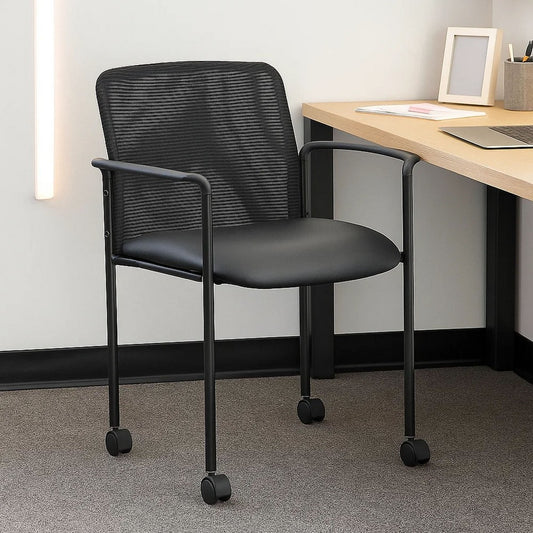 Vayu Stackable Guest Chair w Caster Wheels | Black Mesh & Caressoft Vinyl
