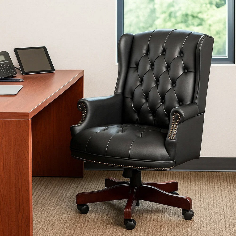 Saily Oversize Executive Chair | Traditional Wingback Black Tufted Vinyl BM344475