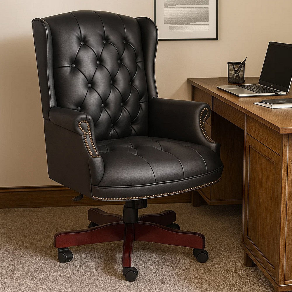 Saily Oversize Executive Chair | Traditional Wingback Black Tufted Vinyl BM344475