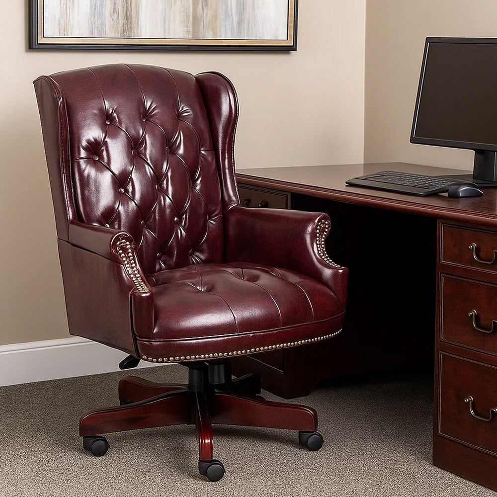 Saily Oversized Exec Chair | Traditional Wingback Burgundy Tufted Vinyl BM344476