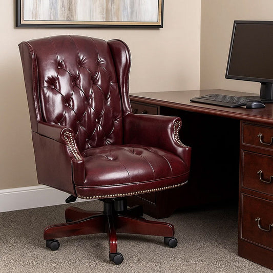 Saily Oversized Exec Chair | Traditional Wingback Burgundy Tufted Vinyl