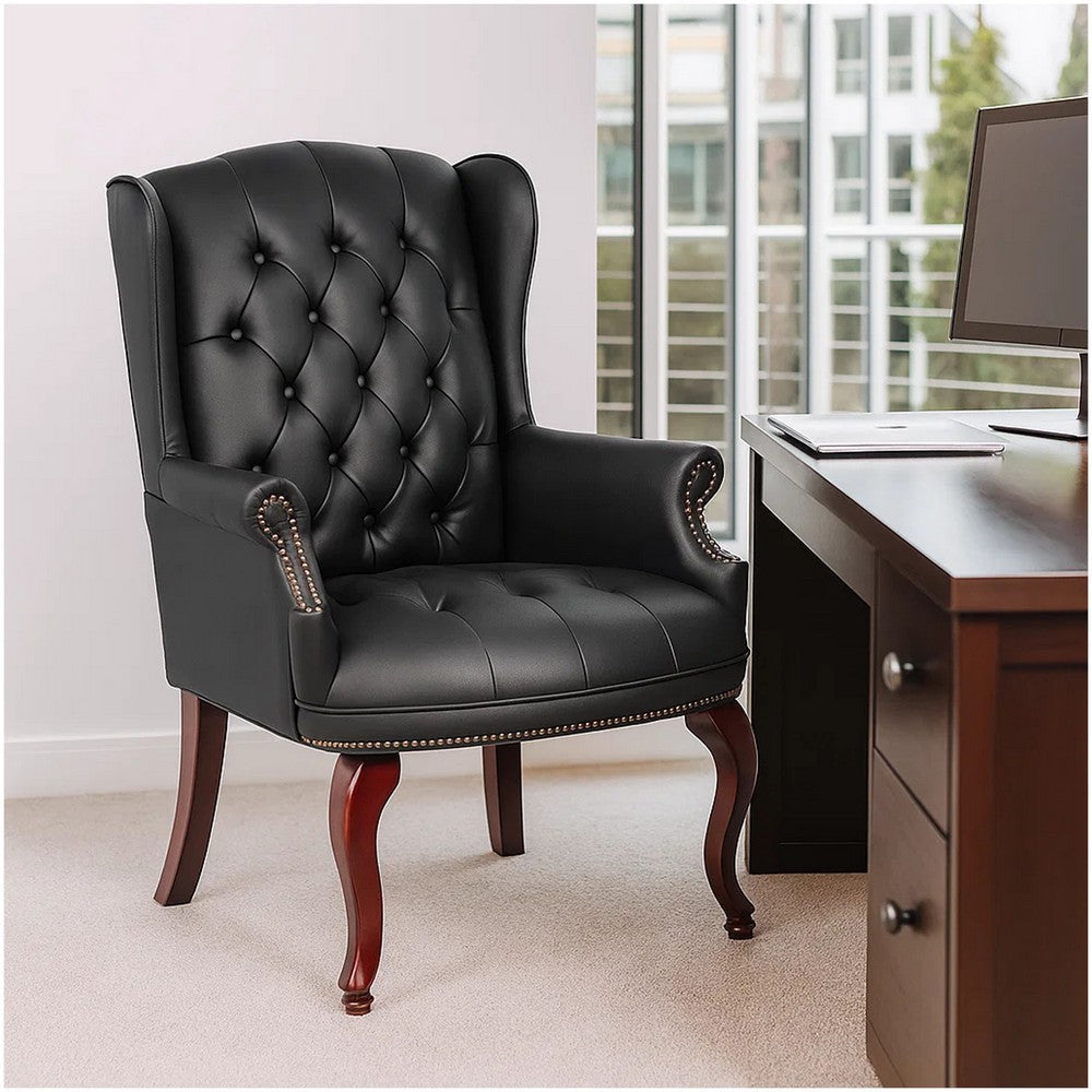 Saily Guest Armchair | Traditional Wingback Design | Black Tufted Vinyl BM344477