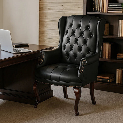 Saily Guest Armchair | Traditional Wingback Design | Black Tufted Vinyl BM344477