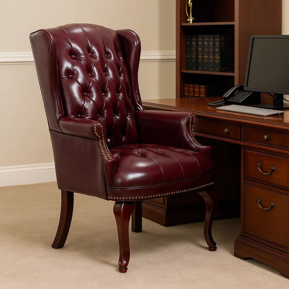 Saily Guest Armchair | Traditional Wingback | Mahogany | Burgundy Vinyl