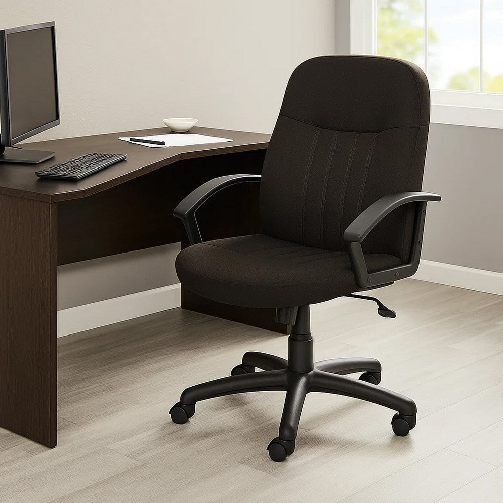 Hugh Mid-Back Manager Chair w Rolling Base | Black Crepe Fabric BM344480