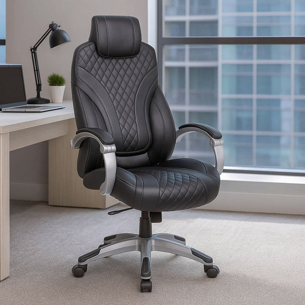 Kelly Rolling Executive Armchair | Black Gray Stitched-Back Caressoftplus