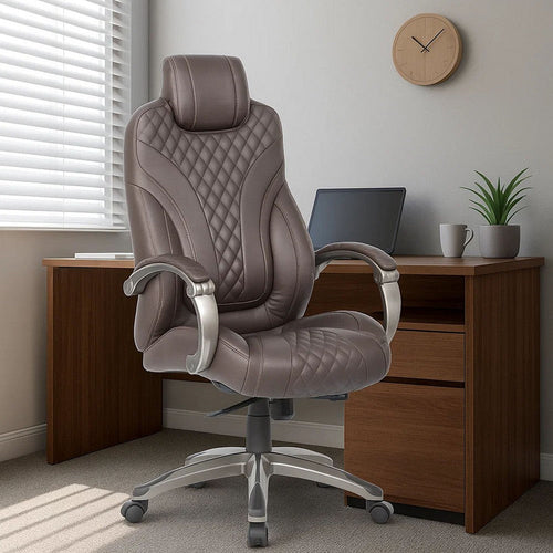 Kelly Rolling Executive Armchair | Brown Stitched-Back Faux Leather BM344489