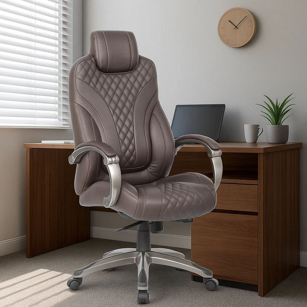 Kelly Rolling Executive Armchair | Brown Stitched-Back Faux Leather
