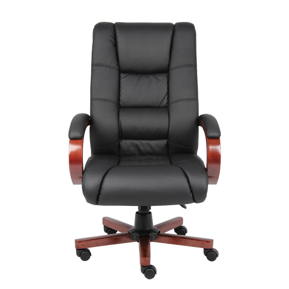 Zoey High-Back Executive Chair | Black Vinyl | Cherry Brown Wood Finish BM344491