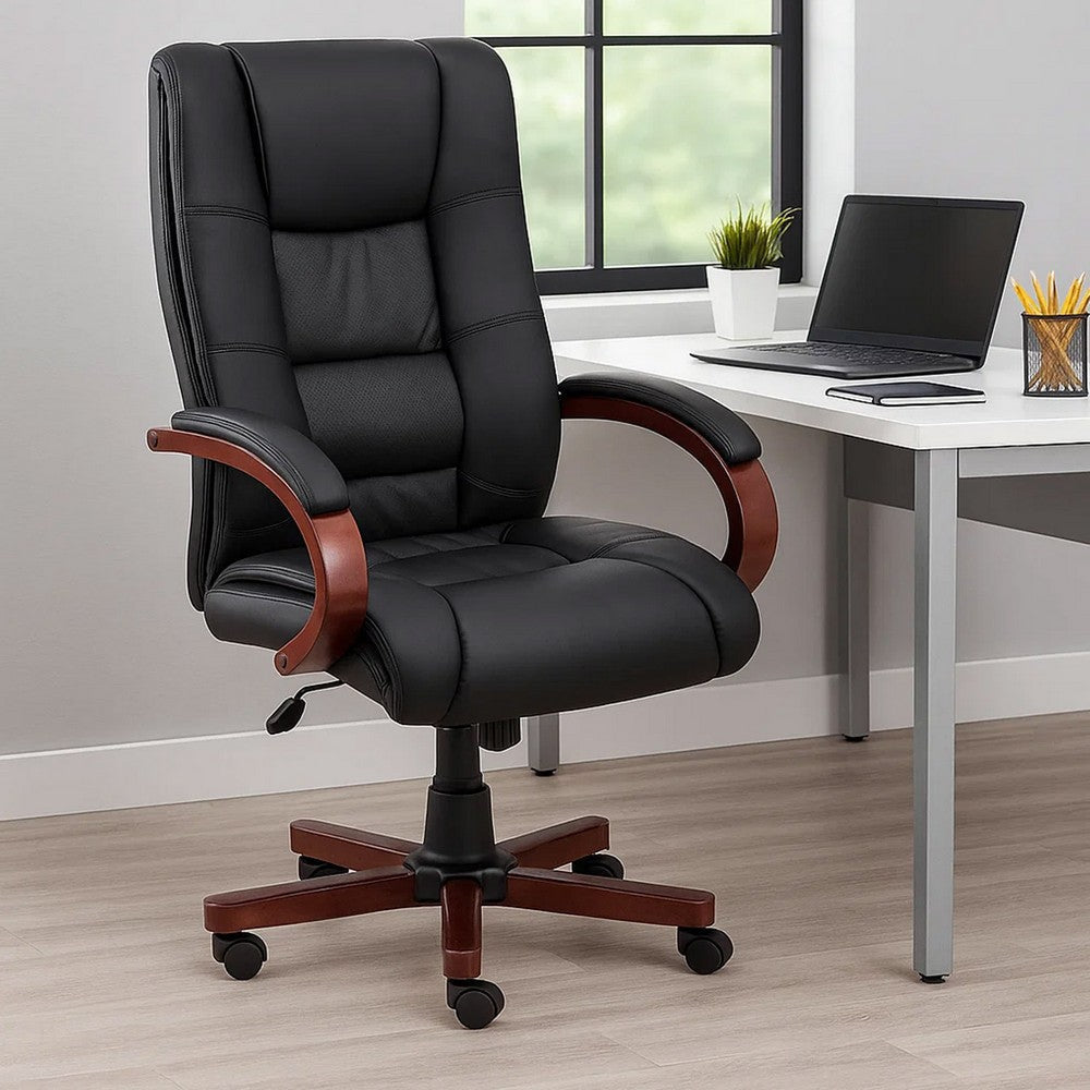 Zoey High-Back Executive Chair | Black Vinyl | Cherry Brown Wood Finish BM344491