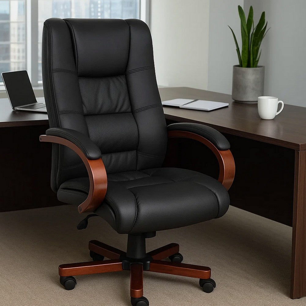 Zoey High-Back Executive Chair | Black Vinyl | Cherry Brown Wood Finish
