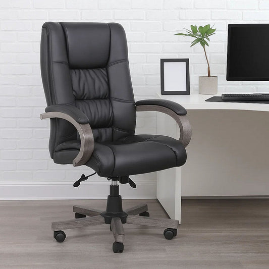 Zoey High-Back Executive Chair | Black Vinyl | Gray Wood Finish BM344492