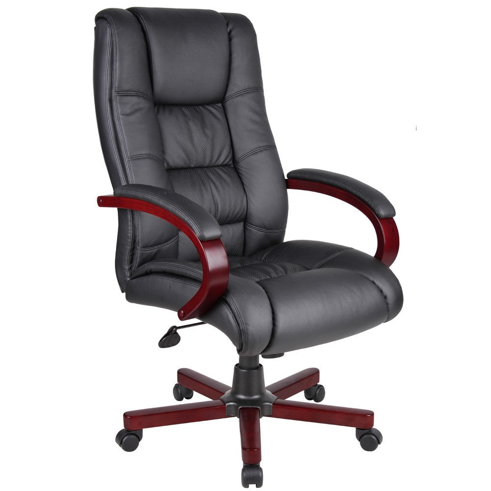 Zoey High-Back Executive Chair | Black Vinyl | Mahogany Wood Finish BM344493