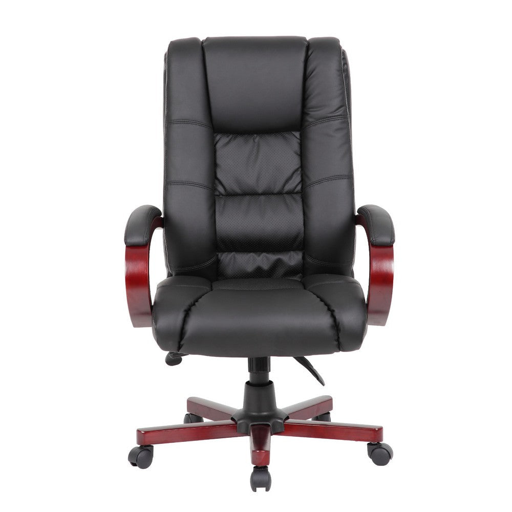 Zoey High-Back Executive Chair | Black Vinyl | Mahogany Wood Finish BM344493