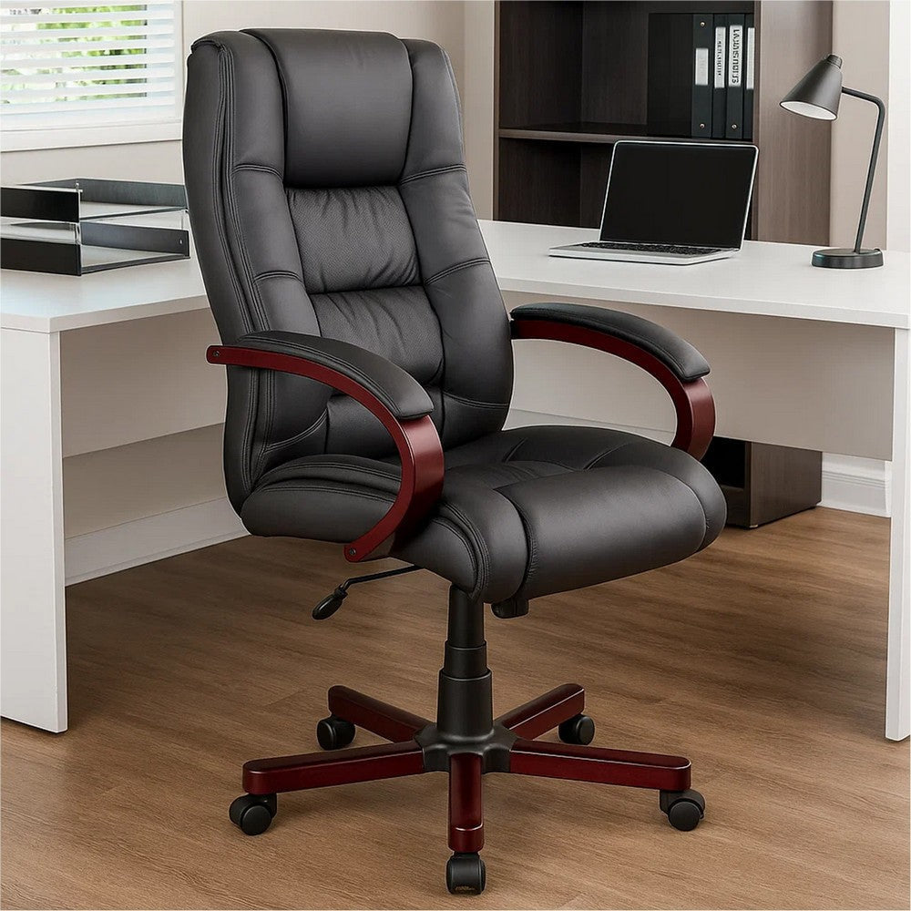 Zoey High-Back Executive Chair | Black Vinyl | Mahogany Wood Finish BM344493