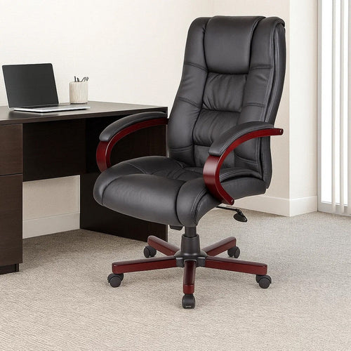 Zoey High-Back Executive Chair | Black Vinyl | Mahogany Wood Finish BM344493