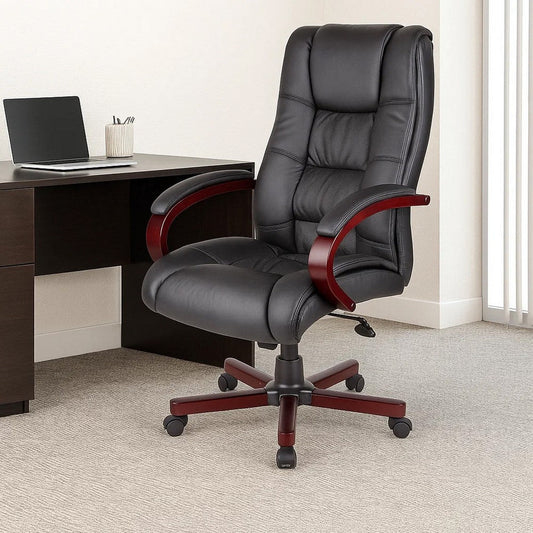 Zoey High-Back Executive Chair | Black Vinyl | Mahogany Wood Finish BM344493