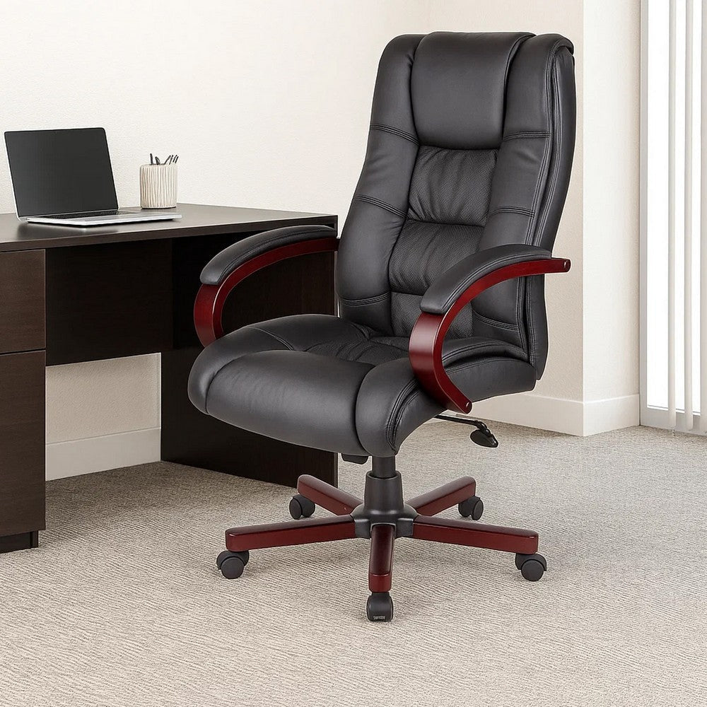 Zoey High-Back Executive Chair | Black Vinyl | Mahogany Wood Finish