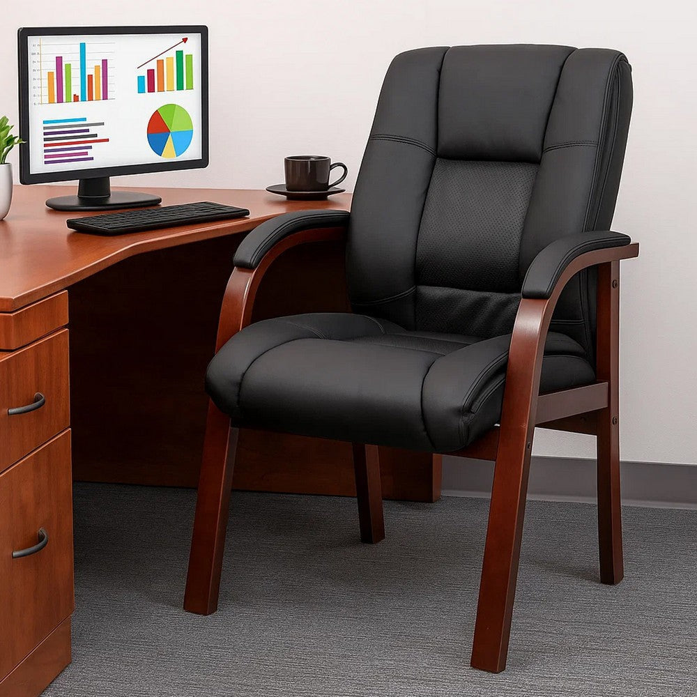 Aria Guest Armchair w Cherry Brown Wood Finish | Black Vinyl