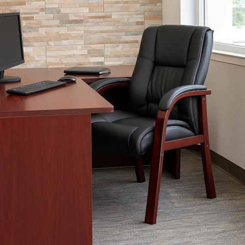 Aria Guest Armchair w Mahogany Brown Wood Finish | Black Vinyl BM344495