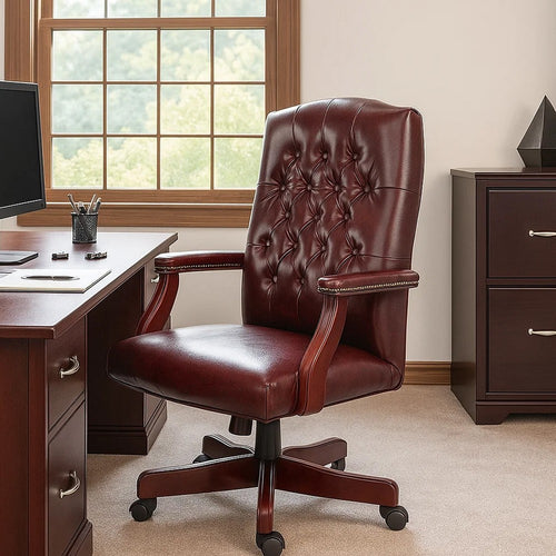 Yuzu Executive Armchair | Gas-Lift Spring-Tilt | Wood Base | Burgundy Vinyl