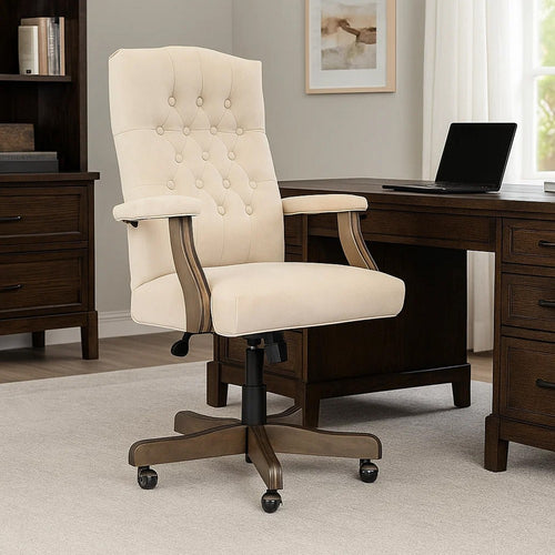 Jake Executive Armchair w Driftwood Finish | Champagne Tufted Velvet