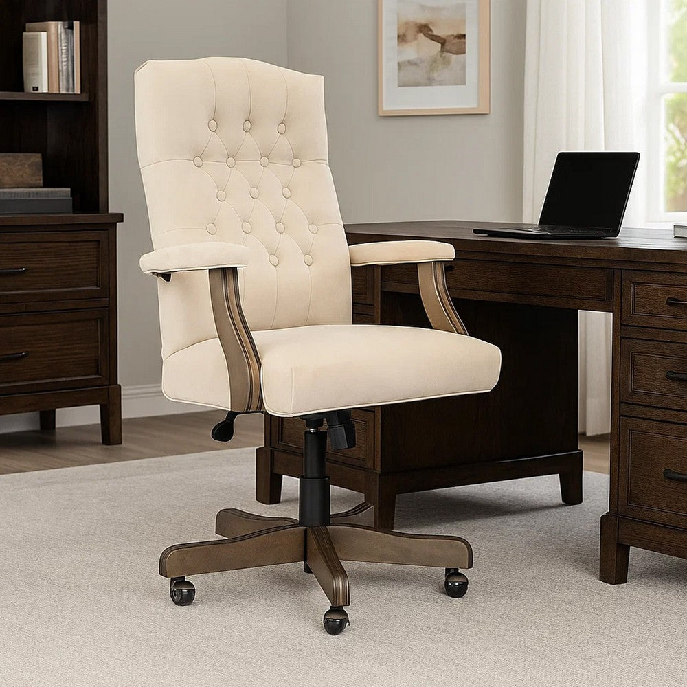 Jake Executive Armchair w Driftwood Finish | Champagne Tufted Velvet