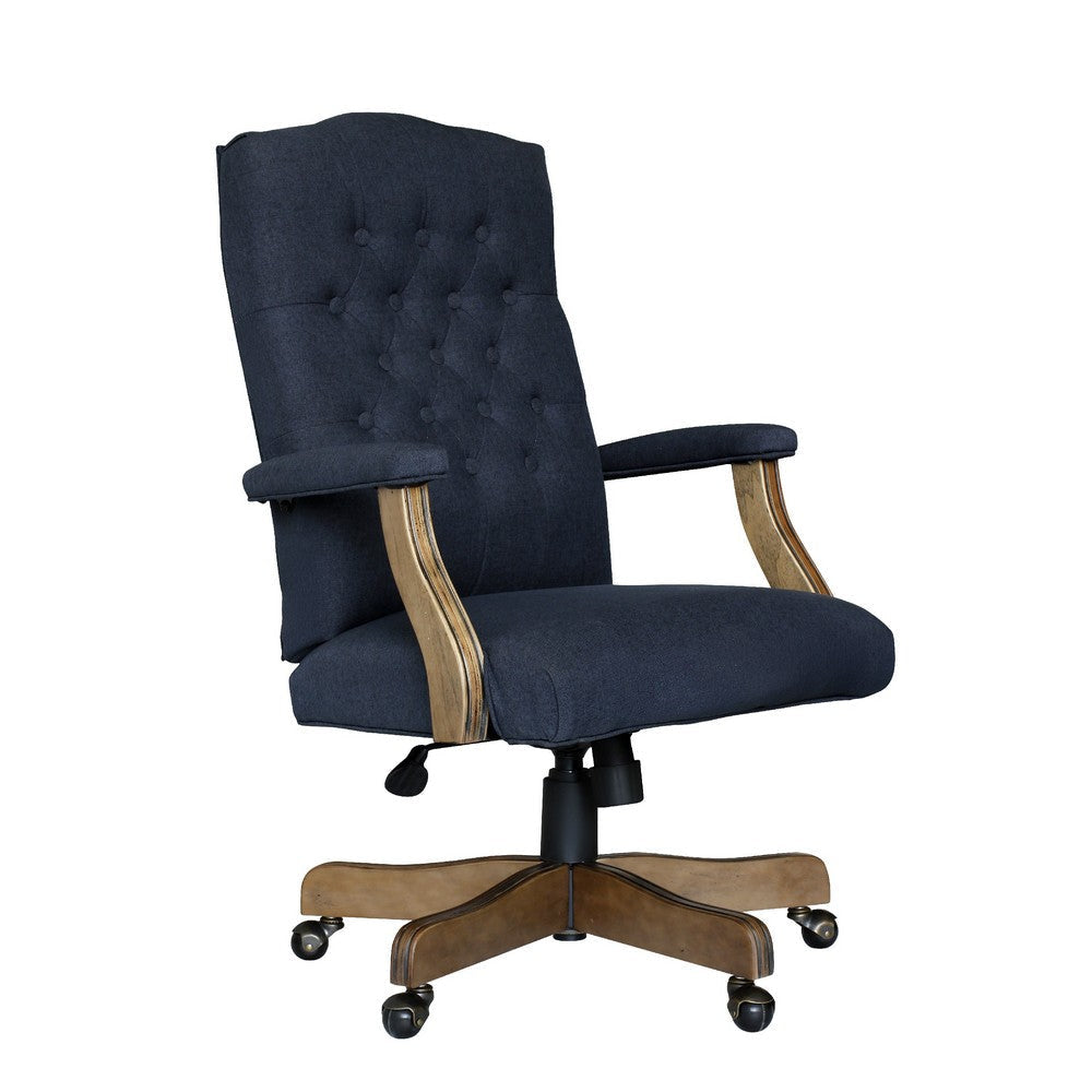 Jake Executive Armchair w Driftwood Finish | Navy Blue Tufted Linen BM344499