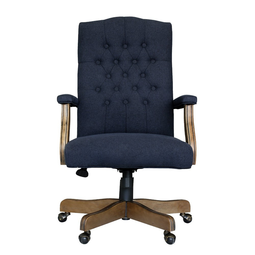 Jake Executive Armchair w Driftwood Finish | Navy Blue Tufted Linen BM344499