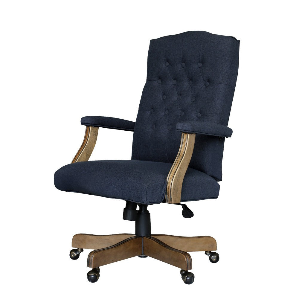 Jake Executive Armchair w Driftwood Finish | Navy Blue Tufted Linen BM344499