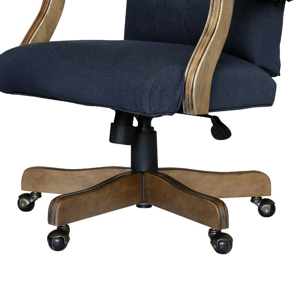 Jake Executive Armchair w Driftwood Finish | Navy Blue Tufted Linen BM344499