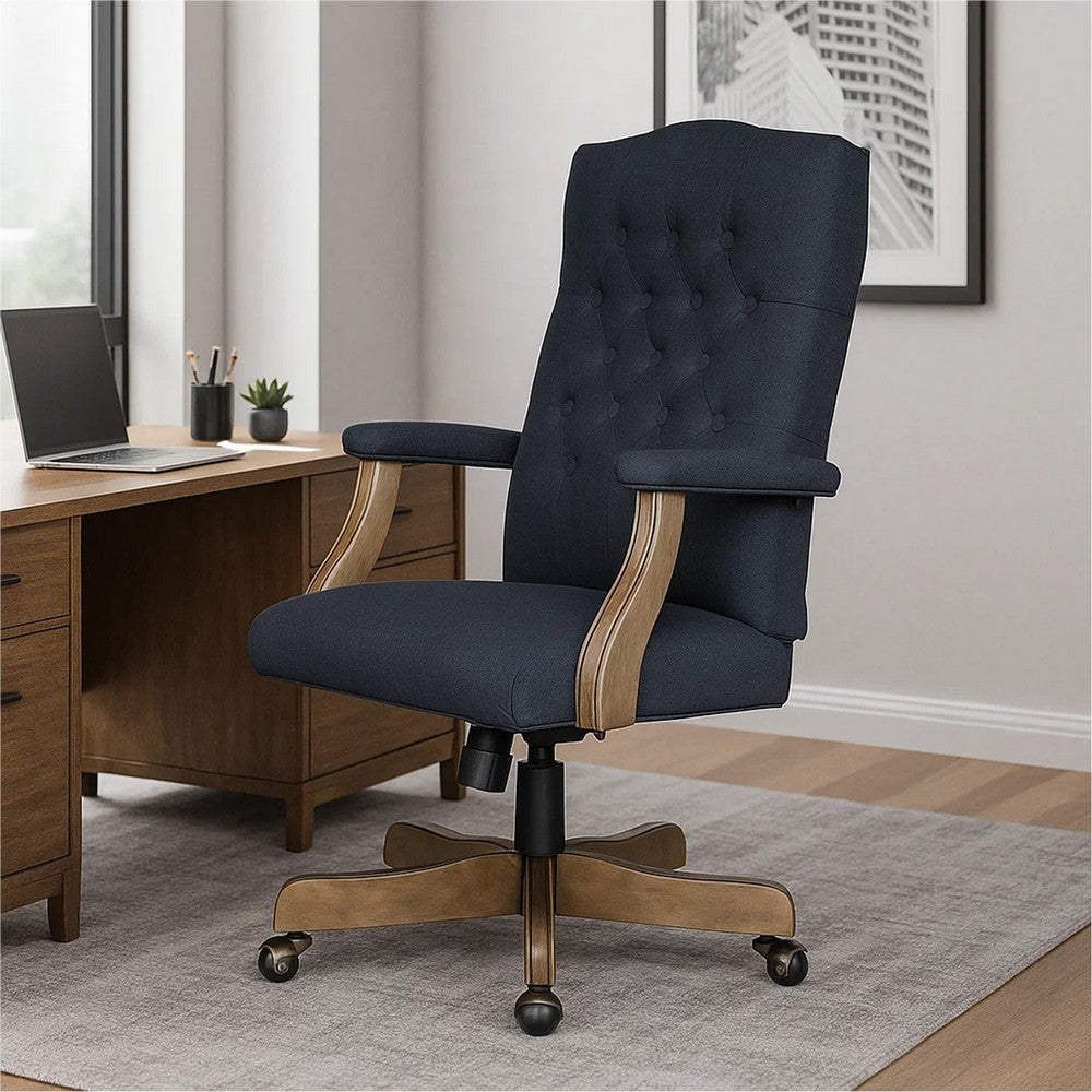 Jake Executive Armchair w Driftwood Finish | Navy Blue Tufted Linen
