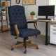 Jake Executive Armchair w Driftwood Finish | Navy Blue Tufted Linen BM344499