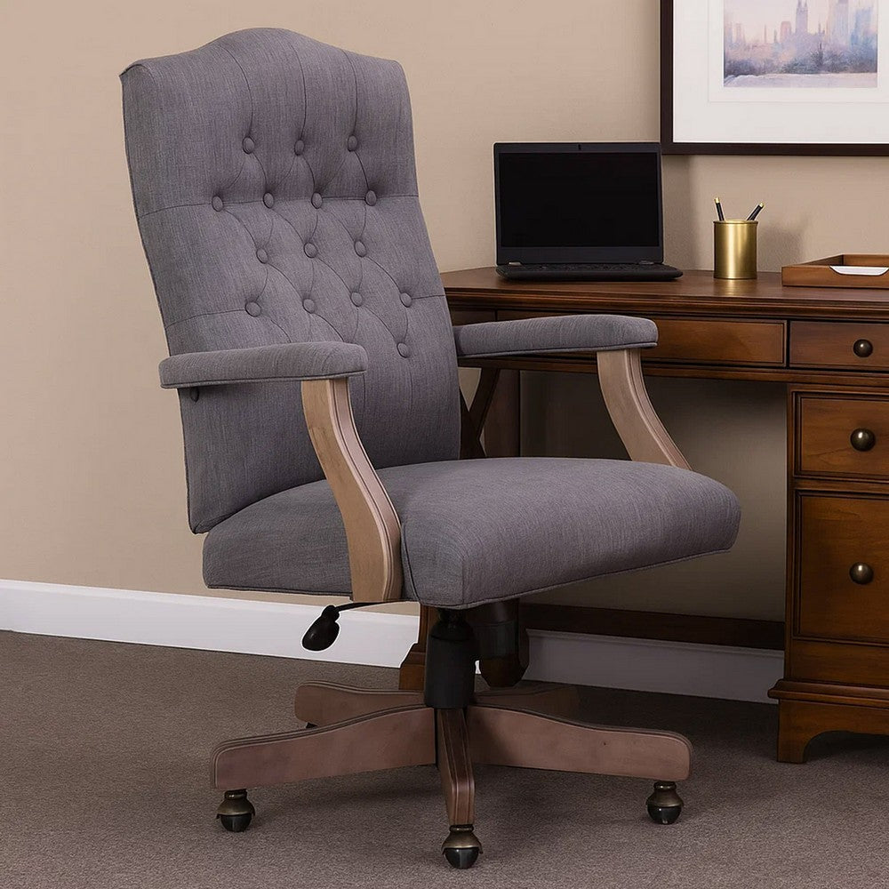 Jake Executive Armchair w Driftwood Finish | Gray Button Tufted Linen