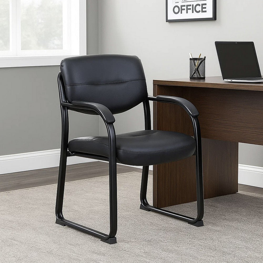 Eva Reception Armchair | Sled Base | Curved Steel Arms | Black Faux Leather BM344518